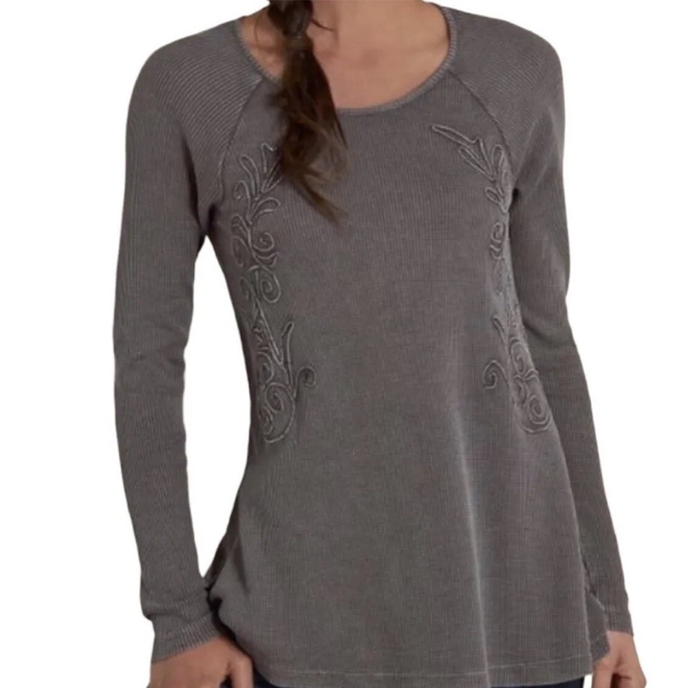 Soft Surroundings Thermal Top Camden Waffle Knit Embroidered Gray Fairy-Grunge S